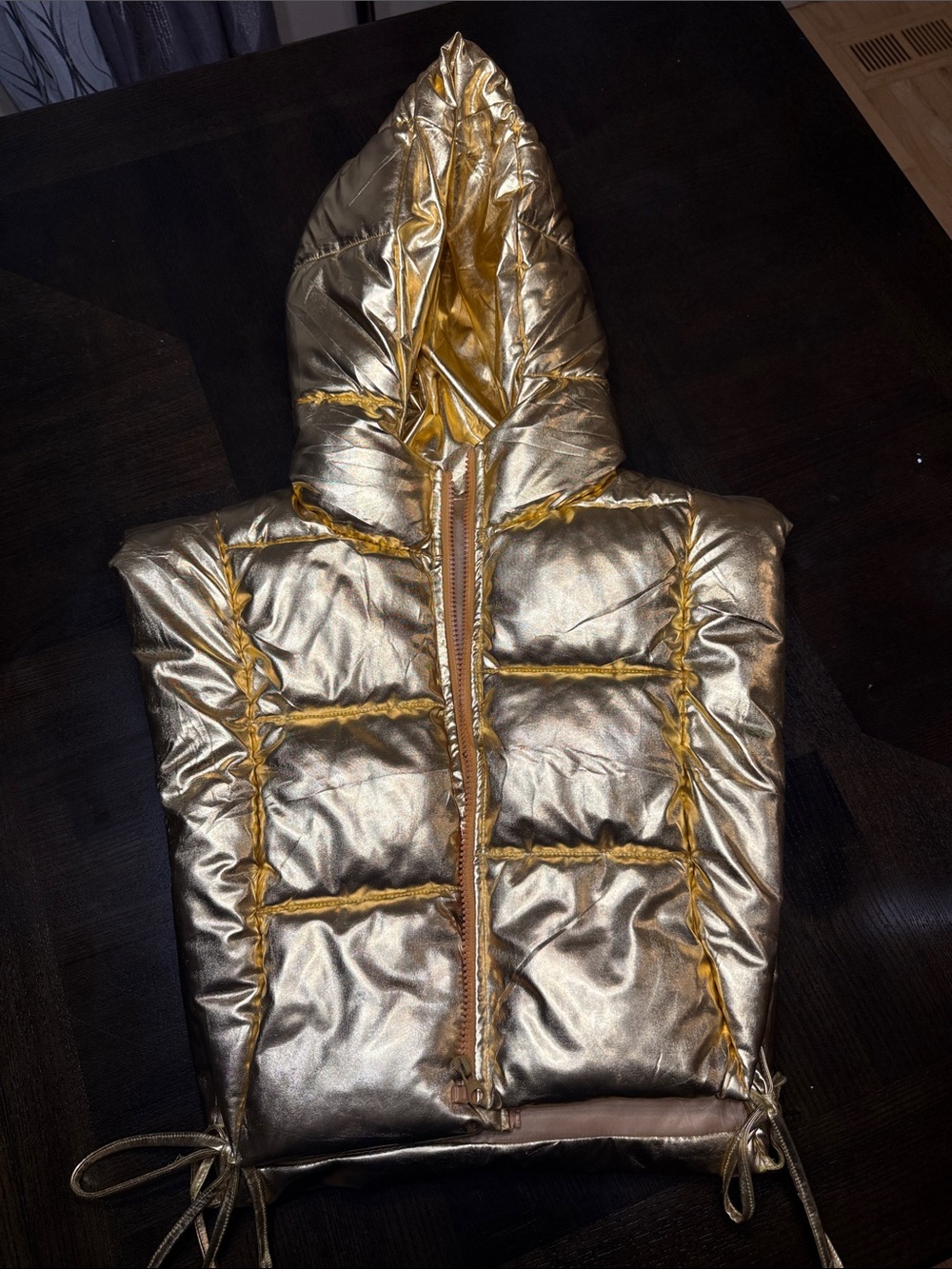 Metallic Gold Hooded Puffer Vest for Women
